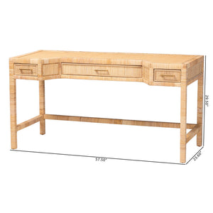 Bali & Pari Kalimantan Rattan Writing Desk Handcrafted Mahogany Frame Three Drawers
