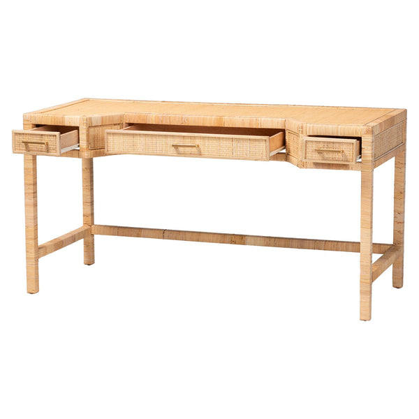 Bali & Pari Kalimantan Rattan Writing Desk Handcrafted Mahogany Frame Three Drawers