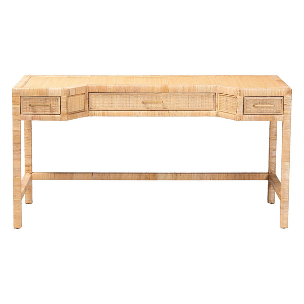 Bali & Pari Kalimantan Rattan Writing Desk Handcrafted Mahogany Frame Three Drawers
