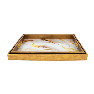 Zeugma Luxelay Elegant Serving Tray Set Of 2 - Gold Frame With Marble Finish For Stylish Home Decor Gold Frame With Marble Look Like Bottom Plaster,Wood,Plywood Hrt24sf606