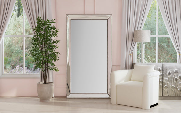 Basset Mirror Ashley Floor Mirror – Glamorous Beveled Design With Intricate Beaded Detailing For Elegant Decor Silver Wood,Mirror Glass M4250b