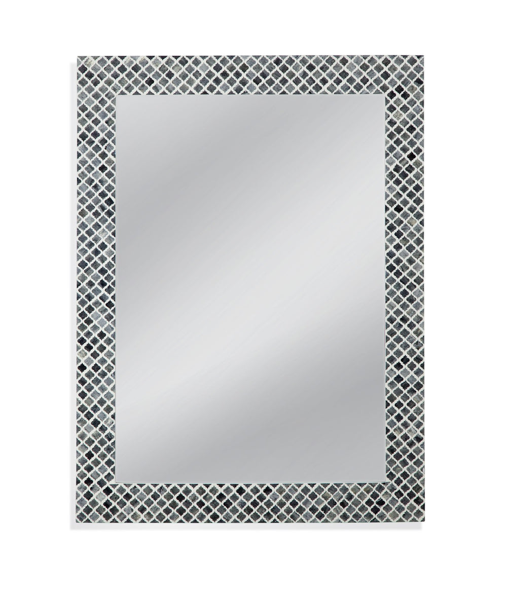 Basset Mirror Henn Wall Mirror - Elegant Rectangular Design With Scalloped Lattice Frame In Chic White And Gray Tints Black Bone,Resin,Mdf M4632