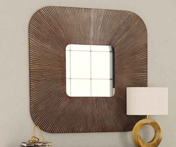 Basset Mirror Zamba Wall Mirror - Chic Square Design With Rounded Corners, Walnut Frame For Modern Boho Decor Brown Wood,Mirror Glass M5019