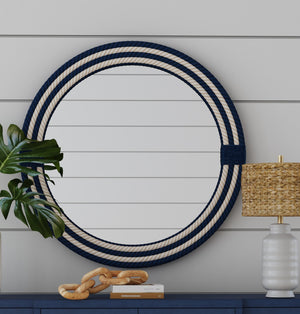 Basset Mirror Helm Wall Mirror: Coastal-inspired Round Design With Woven Rope Frame In Soothing Blue & White Tones Blue Rope,Mirror Glass M5056