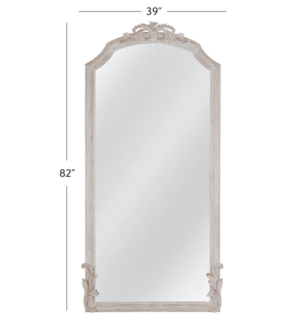 Basset Mirror Coltrane Floor Mirror - Elegant Distressed White Design With Decorative Pediment And Farmhouse Charm White Wood,Mirror Glass M5070