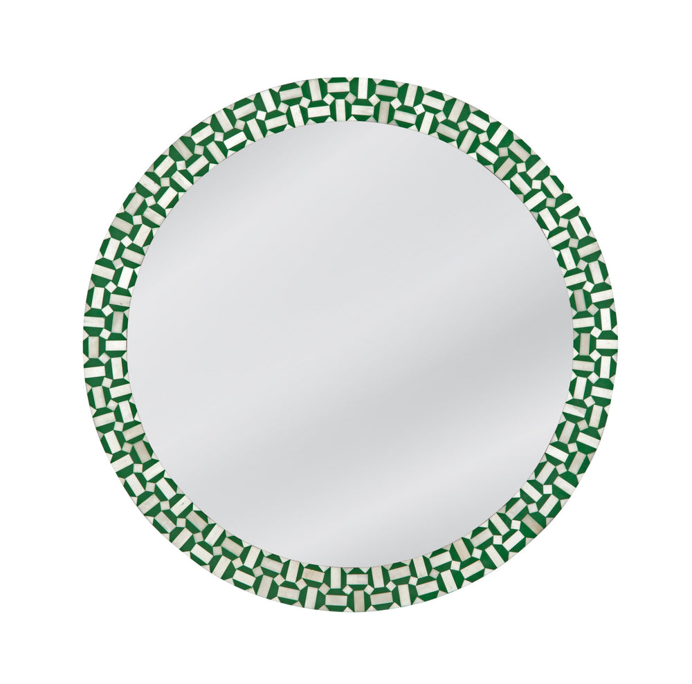 Basset Mirror Alanis Wall Mirror - Chic Round Design With Geometric Pattern In Vibrant Green & Cream Inlay Decor Green Bone,Mirror Glass M5076