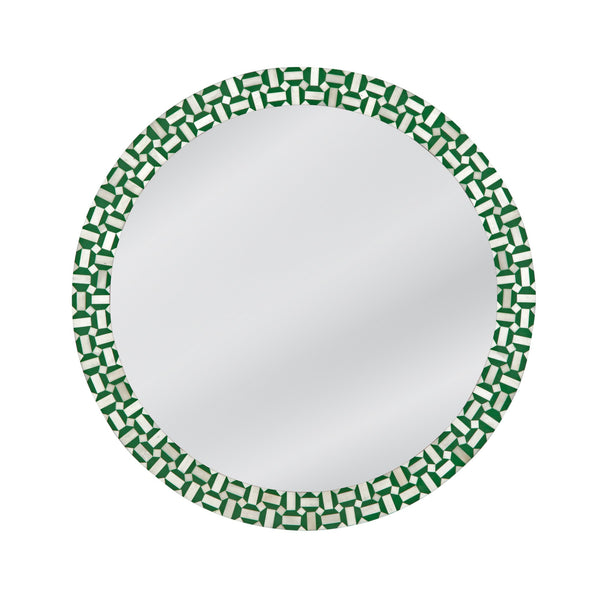 Basset Mirror Alanis Wall Mirror - Chic Round Design With Geometric Pattern In Vibrant Green & Cream Inlay Decor Green Bone,Mirror Glass M5076