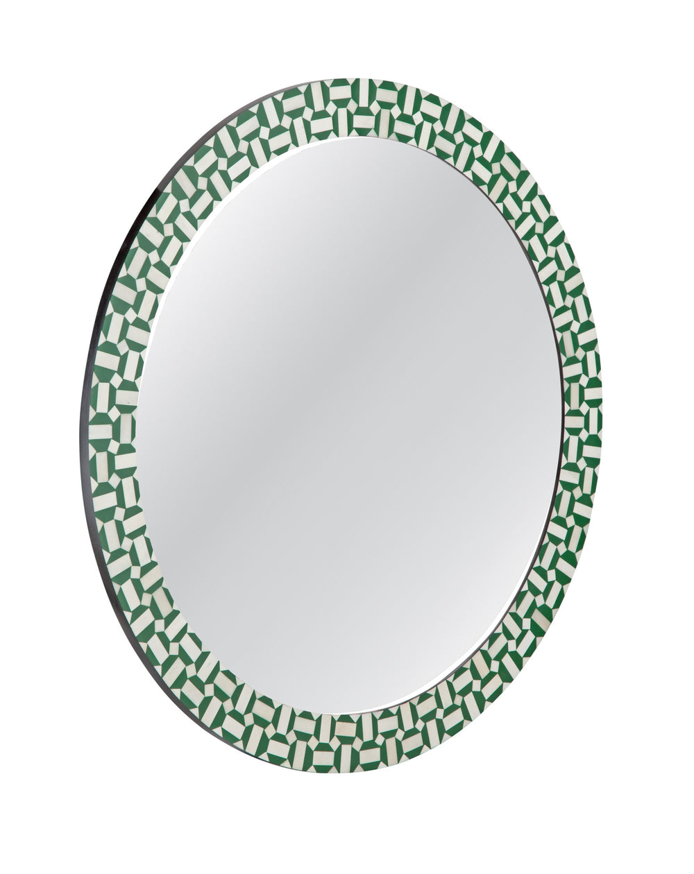 Basset Mirror Alanis Wall Mirror - Chic Round Design With Geometric Pattern In Vibrant Green & Cream Inlay Decor Green Bone,Mirror Glass M5076