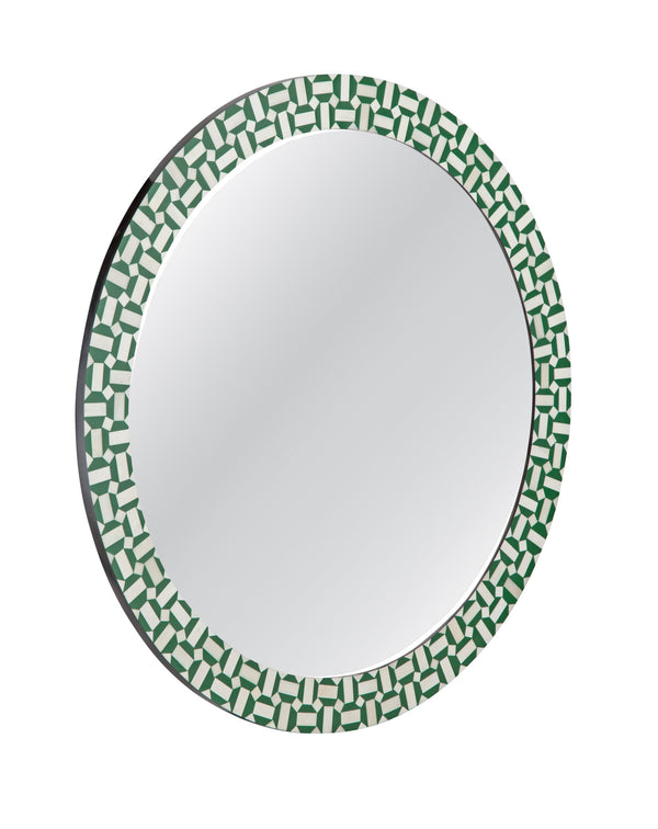 Basset Mirror Alanis Wall Mirror - Chic Round Design With Geometric Pattern In Vibrant Green & Cream Inlay Decor Green Bone,Mirror Glass M5076
