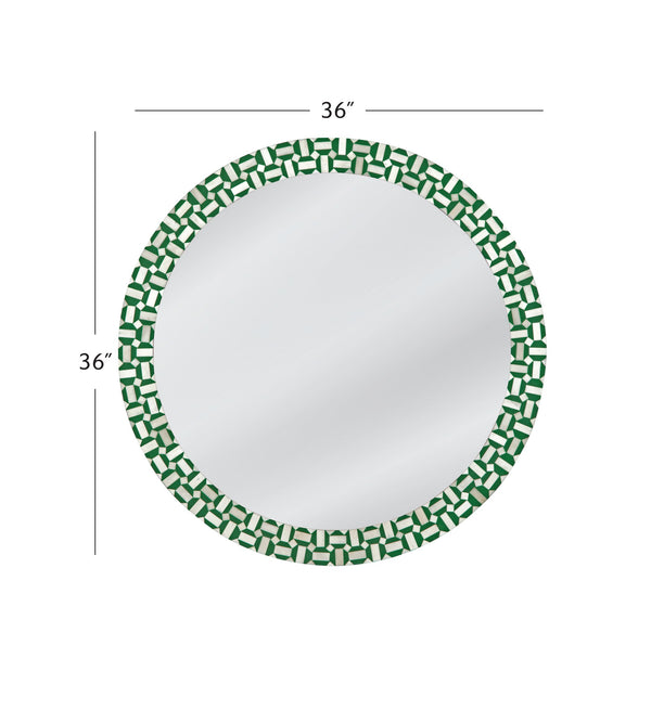 Basset Mirror Alanis Wall Mirror - Chic Round Design With Geometric Pattern In Vibrant Green & Cream Inlay Decor Green Bone,Mirror Glass M5076