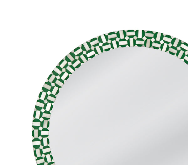 Basset Mirror Alanis Wall Mirror - Chic Round Design With Geometric Pattern In Vibrant Green & Cream Inlay Decor Green Bone,Mirror Glass M5076