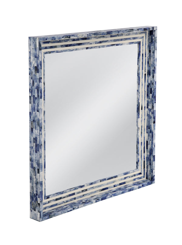 Basset Mirror Mabrey Wall Mirror - Charming Boho-coastal Square Design With Blue & Cream Bone Frame Accent Blue Bone,Mirror Glass M5095