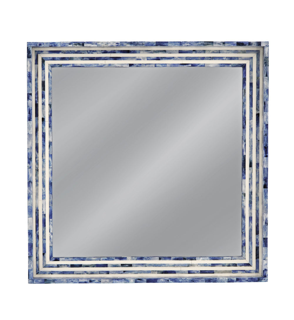 Basset Mirror Mabrey Wall Mirror - Charming Boho-coastal Square Design With Blue & Cream Bone Frame Accent Blue Bone,Mirror Glass M5095