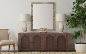 Basset Mirror Karl Wall Mirror - Boho Chic Cream & Natural Wood Herringbone Frame For Stylish Home Decor Natural Wood,Bone,Resin,Glass M5215