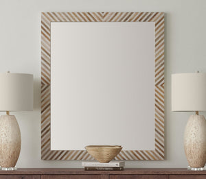 Basset Mirror Karl Wall Mirror - Boho Chic Cream & Natural Wood Herringbone Frame For Stylish Home Decor Natural Wood,Bone,Resin,Glass M5215