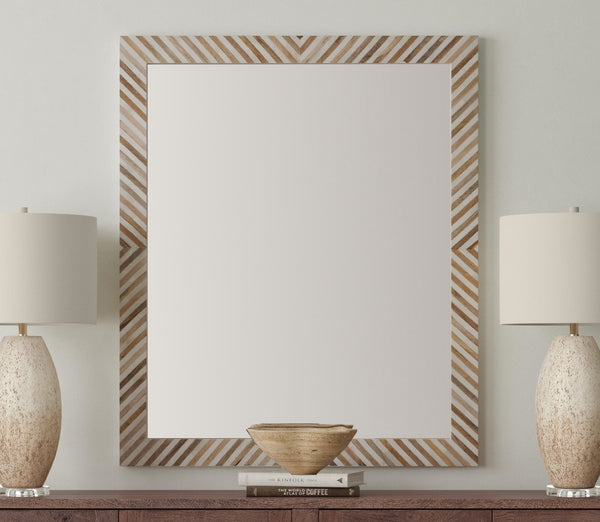Basset Mirror Karl Wall Mirror - Boho Chic Cream & Natural Wood Herringbone Frame For Stylish Home Decor Natural Wood,Bone,Resin,Glass M5215