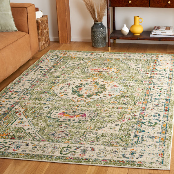 Safavieh Madison Sage And Ivory Bohemian Round Rug — Power-Loomed Turkey Medallion, Low Pile, Stain Resistant 8'-0" x 8'-0" MAD468W-8R