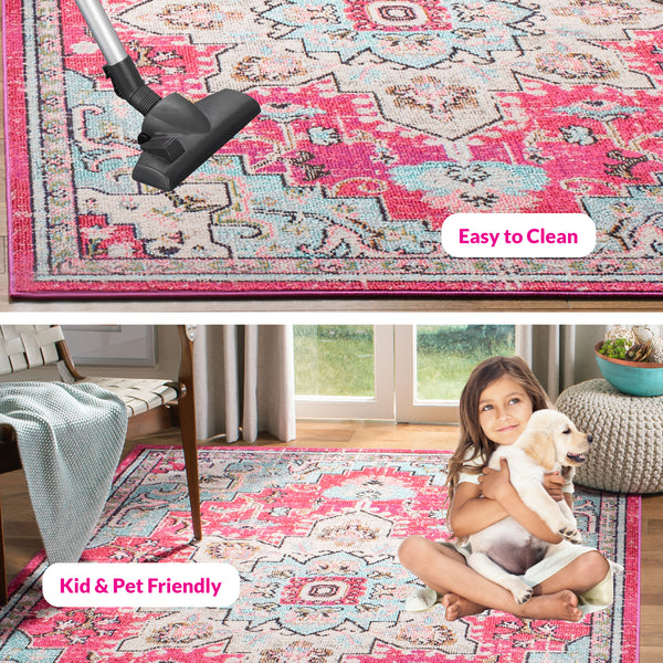 Safavieh Madison Luxurious Transitional Area Rug With Striking Fuchsia Motif For Elegant Home Décor Fuchsia ,Blue 57% Polypropylene,30% Cotton,13% Polyester Mad473a-1218