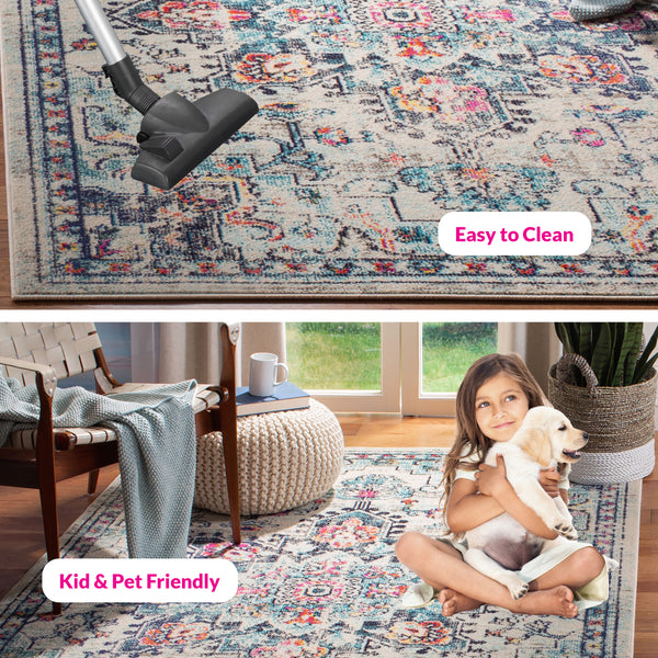 Safavieh Madison Luxurious Transitional Area Rug With Striking Fuchsia Motif For Elegant Home Décor Cream ,Blue 57% Polypropylene,30% Cotton,13% Polyester Mad473b-68