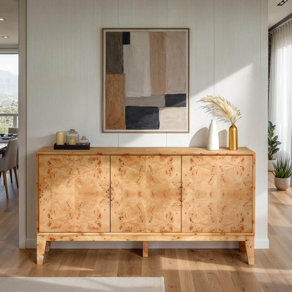 Lh Imports Mappa 3 Door Sideboard - Luxurious Light Burl Storage Solution For Stylish Home Décor And Organizing Beige Mdf Oak Veneer,Burl Mappa Veneer Mapp003b