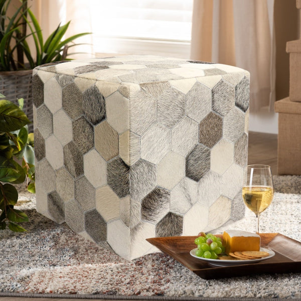 Pasargad Home Galaxy Cowhide Pouf Ottoman – Luxurious Silver/Grey Seating With Unique Zig-zag Design Silver Cowhide Ptpf-192