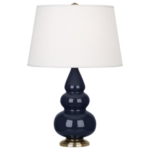 Robert Abbey Midnight Small Triple Gourd Accent Lamp Midnight Blue Glazed Ceramic with Antique Brass Finished Accents Pearl Dupioni Fabric Shade