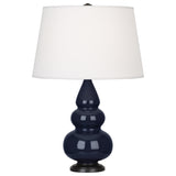 Robert Abbey Midnight Small Triple Gourd Accent Lamp Midnight Blue Glazed Ceramic with Deep Patina Bronze Finished Accents Pearl Dupioni Fabric Shade