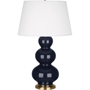 Robert Abbey Midnight Triple Gourd Table Lamp Midnight Blue Glazed Ceramic with Antique Brass Finished Accents Pearl Dupioni Fabric Shade