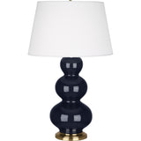 Robert Abbey Midnight Triple Gourd Table Lamp Midnight Blue Glazed Ceramic with Antique Brass Finished Accents Pearl Dupioni Fabric Shade