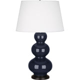 Robert Abbey Midnight Triple Gourd Table Lamp Midnight Blue Glazed Ceramic with Deep Patina Bronze Finished Accents Pearl Dupioni Fabric Shade