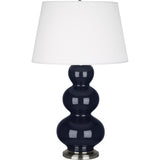 Robert Abbey Midnight Triple Gourd Table Lamp Midnight Blue Glazed Ceramic with Antique Silver Finished Accents Pearl Dupioni Fabric Shade