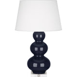 Robert Abbey Midnight Triple Gourd Table Lamp Midnight Blue Glazed Ceramic with Lucite Base Pearl Dupioni Fabric Shade