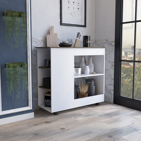 English Elm Nigella Mobile Kitchen Cart with Two Shelves, Three Side Racks & Smooth Casters — White/Dark Brown B07092044