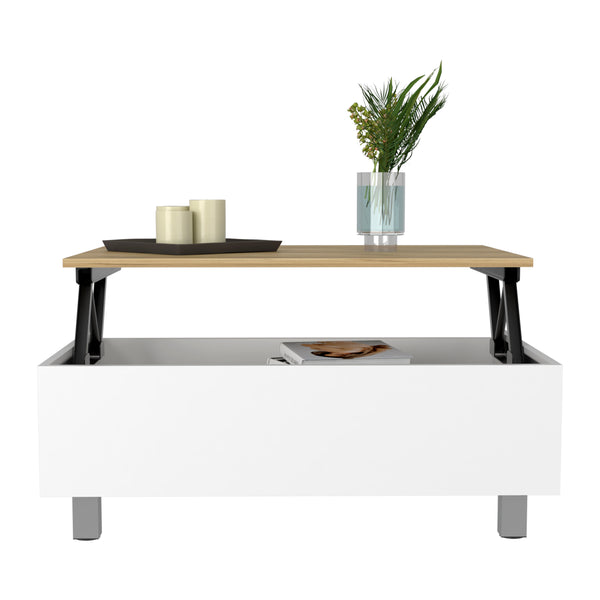 English Elm Gambia Lift Top Coffee Table White/Light Oak with Concealed Storage, 4-Leg Compact Modern Design B20091866