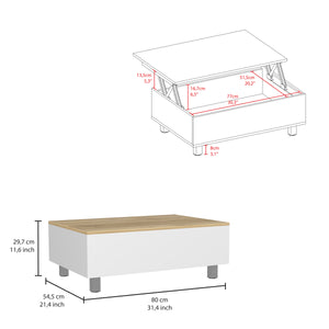 English Elm Gambia Lift Top Coffee Table White/Light Oak with Concealed Storage, 4-Leg Compact Modern Design B20091866