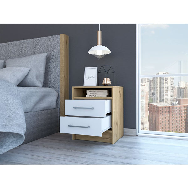 English Elm Eter Two Drawer Nightstand with Open Shelf Two Tone White Oak Modern Bedroom B20092017