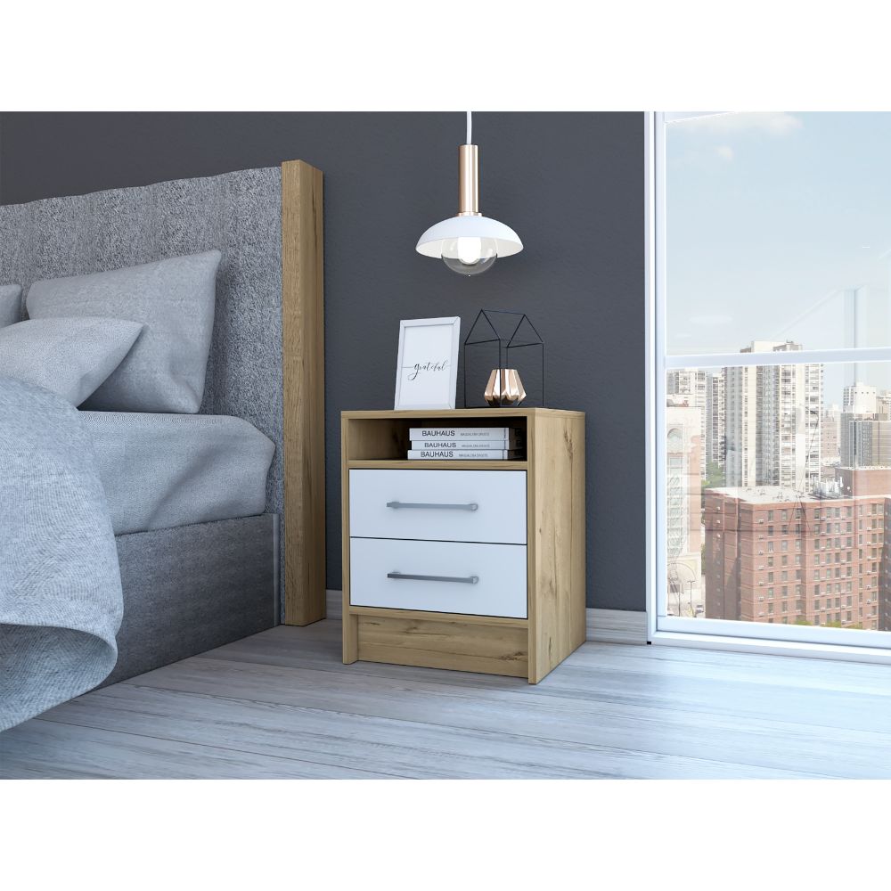 English Elm Eter Two Drawer Nightstand with Open Shelf Two Tone Oak Modern Bedroom Side Table B07092017