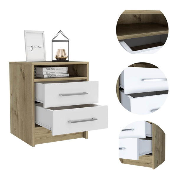 English Elm Eter Two Drawer Nightstand with Open Shelf Two Tone White Oak Modern Bedroom B20092017