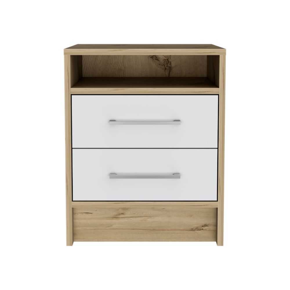 English Elm Eter Two Drawer Nightstand with Open Shelf Two Tone White Oak Modern Bedroom B20092017