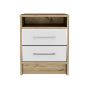 English Elm Eter Two Drawer Nightstand with Open Shelf Two Tone White Oak Modern Bedroom B20092017