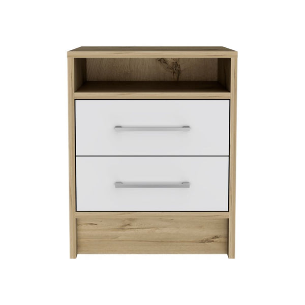 English Elm Eter Two Drawer Nightstand with Open Shelf Two Tone White Oak Modern Bedroom B20092017