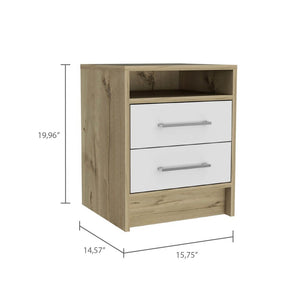 English Elm Eter Nightstand with Two Smooth-Glide Drawers and Top Shelf for Compact Bedroom or Living Spaces Multicolor 23.6 L x 19.7 W x 7.1 H B20092017