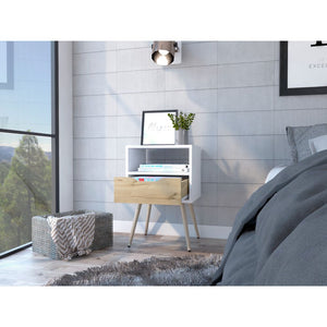 English Elm Otom Modern Nightstand with Open Shelf Drawer and Tall Metal Legs for Bedroom B20092046
