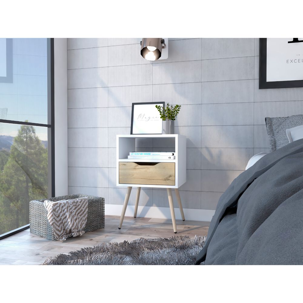 English Elm Otom Slim Two-tone Nightstand with Open Shelf and Push Drawer for Modern Bedrooms B07092046