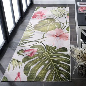 Safavieh Malibu Botanical Runner Rug Tropical Foliage Ivory Blush Washable Low Pile Hallway MBU850A-28