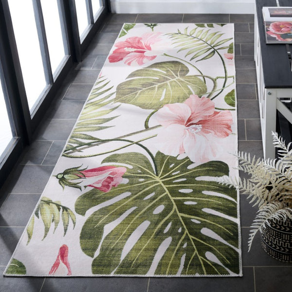 Safavieh Malibu Botanical Runner Rug Tropical Foliage Ivory Blush Washable Low Pile Hallway MBU850A-28