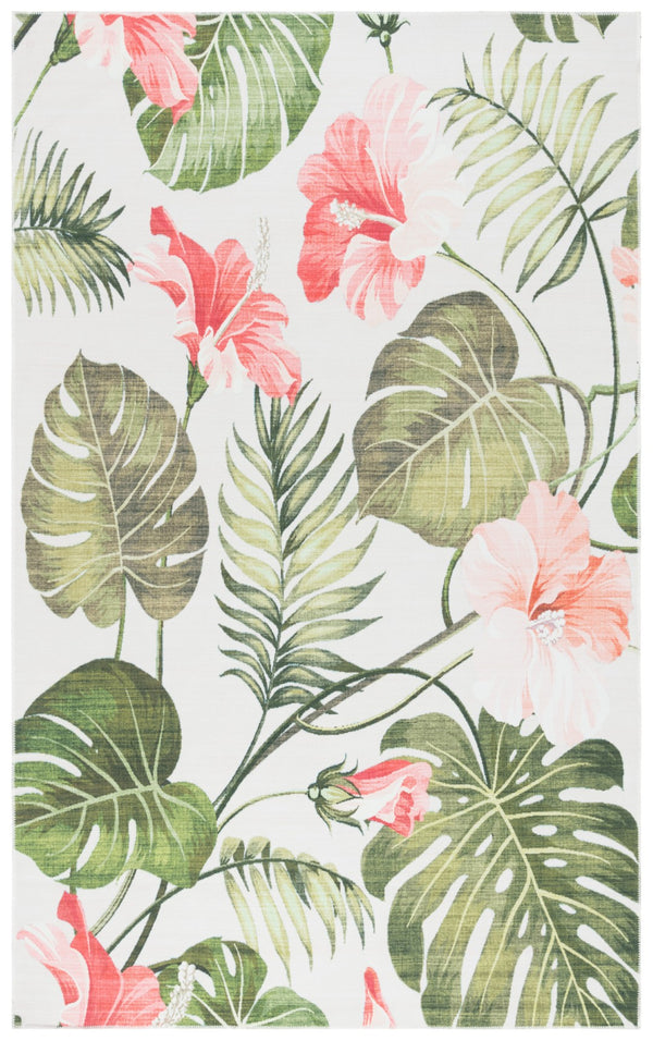 Safavieh Malibu Contemporary Botanical Area Rug – Soft, Durable, And Washable For Modern Home Elegance Ivory ,Pink Polyester Pile Mbu850a-6