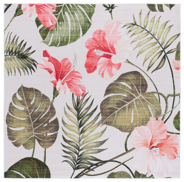 Safavieh Malibu Contemporary Floral Area Rug – Elegant Design, Durable, Washable, Perfect For Any Room Ivory ,Pink Polyester Pile Mbu850a-6sq