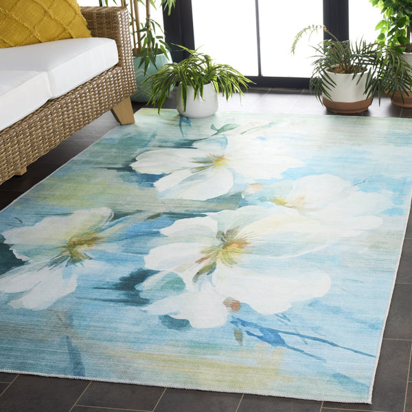 Safavieh Malibu Contemporary Area Rug - Durable, Washable, Slip-resistant Floral Design For Modern Spaces Light Blue ,Ivory Polyester Pile Mbu851l-5