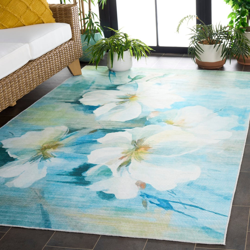 Safavieh Malibu Elegant Area Rug With Floral Design, Durable Polyester Pile, Washable And Slip-resistant Backing Light Blue ,Ivory Polyester Pile Mbu851l-8